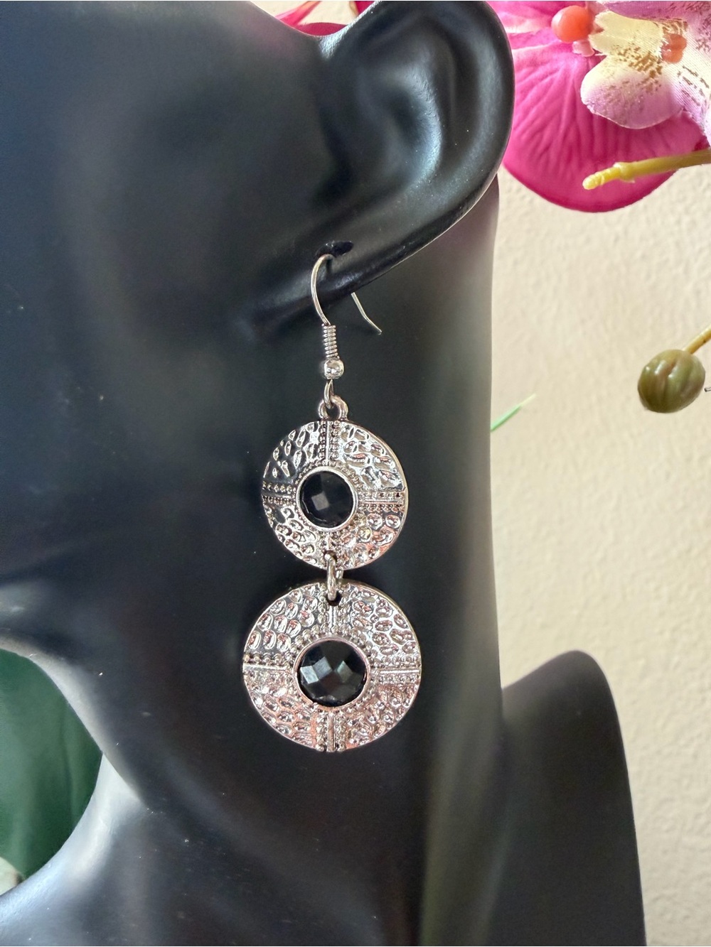 Silver Double Disc Dangle Earrings with Black Stones - Women Jewelry